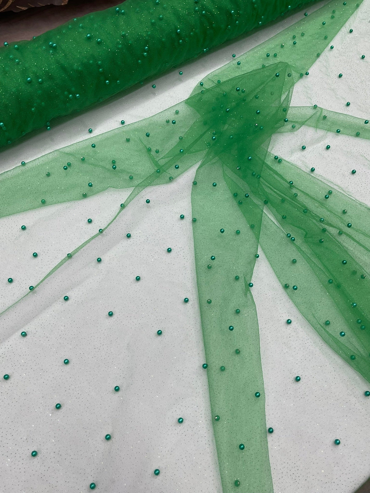 Pearl Glitter Studded Mesh Polyester Fabric - Pearl Studded Mesh, 58" Wide (1 Yard)