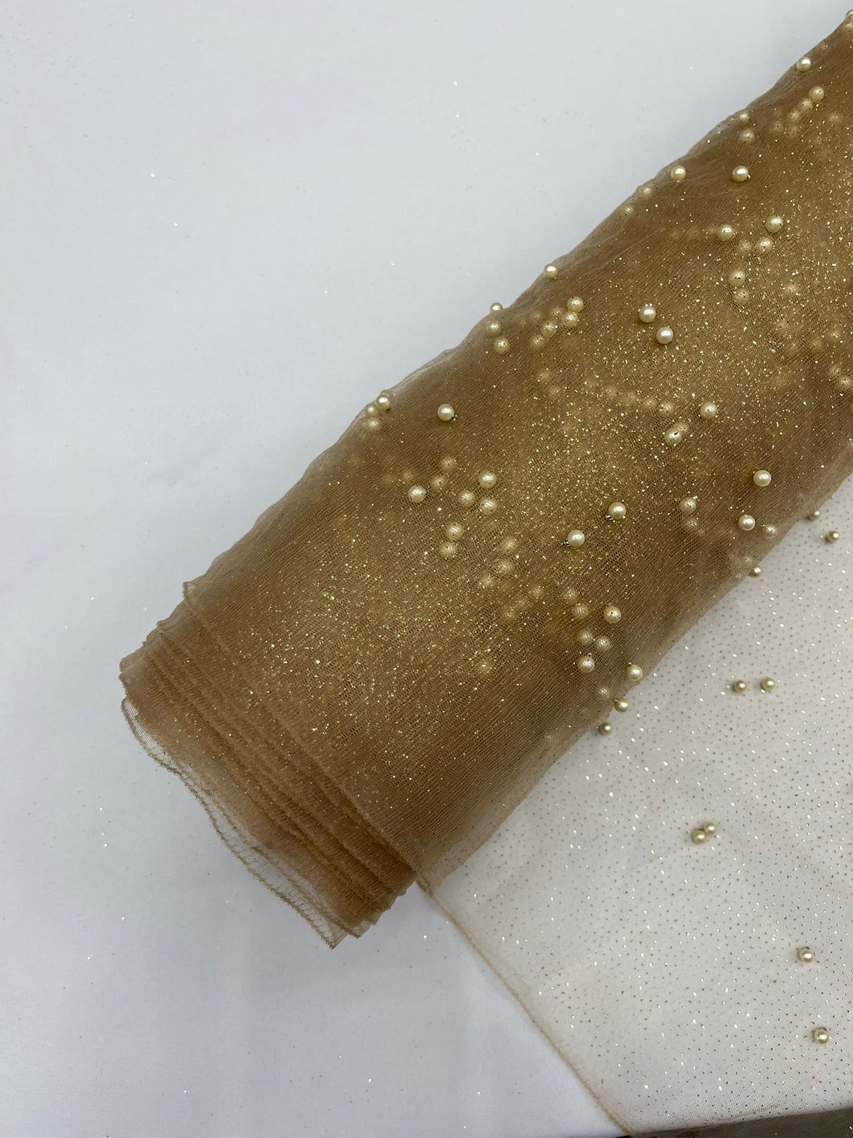 Pearl Glitter Studded Mesh Polyester Fabric - Pearl Studded Mesh, 58" Wide (1 Yard)