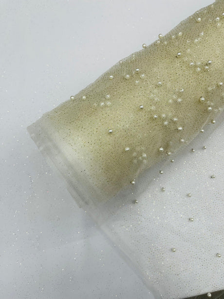 Pearl Glitter Studded Mesh Polyester Fabric - Pearl Studded Mesh, 58" Wide (1 Yard)