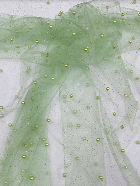 Pearl Glitter Studded Mesh Polyester Fabric - Pearl Studded Mesh, 58" Wide (1 Yard)