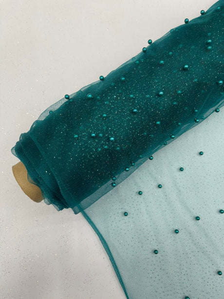 Pearl Glitter Studded Mesh Polyester Fabric - Pearl Studded Mesh, 58" Wide (1 Yard)