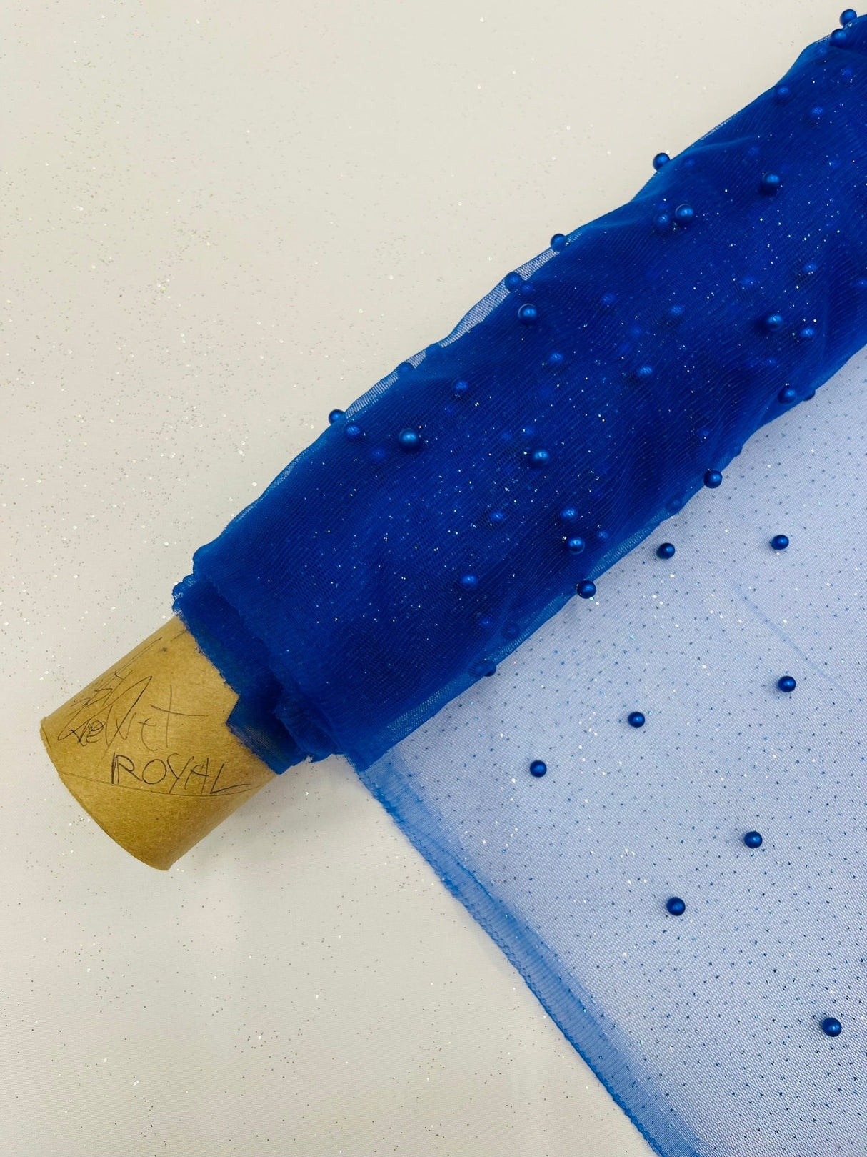 Pearl Glitter Studded Mesh Polyester Fabric - Pearl Studded Mesh, 58" Wide (1 Yard)
