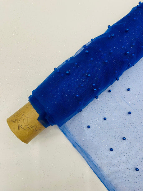 Pearl Glitter Studded Mesh Polyester Fabric - Pearl Studded Mesh, 58" Wide (1 Yard)