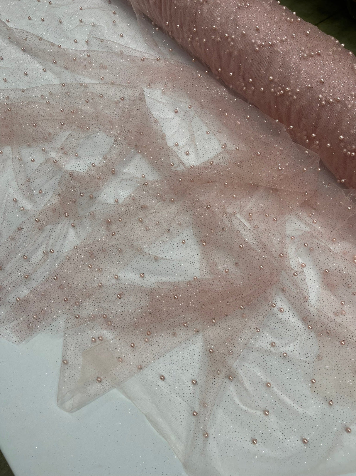 Pearl Glitter Studded Mesh Polyester Fabric - Pearl Studded Mesh, 58" Wide (1 Yard)