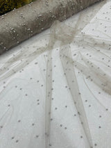 Pearl Glitter Studded Mesh Polyester Fabric - Pearl Studded Mesh, 58" Wide (1 Yard)