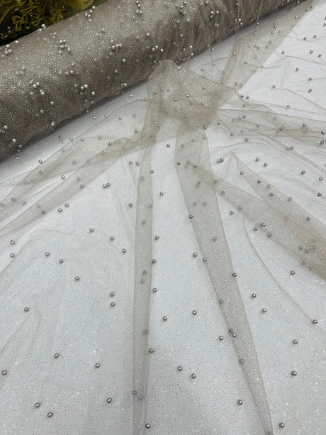 Pearl Glitter Studded Mesh Polyester Fabric - Pearl Studded Mesh, 58" Wide (1 Yard)