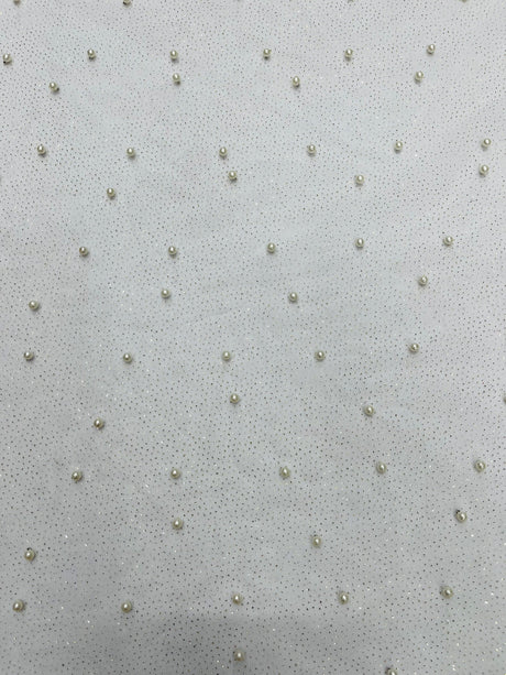 Pearl Glitter Studded Mesh Polyester Fabric - Pearl Studded Mesh, 58" Wide (1 Yard)