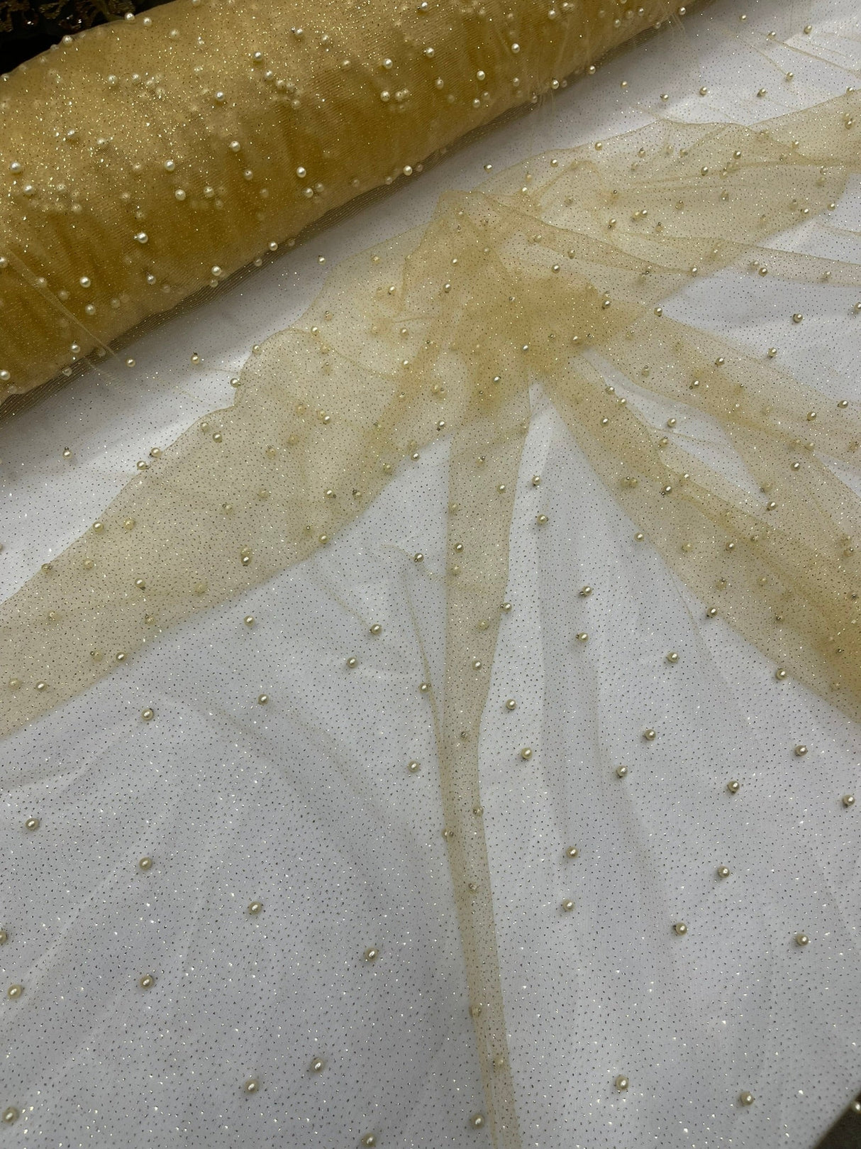 Pearl Glitter Studded Mesh Polyester Fabric - Pearl Studded Mesh, 58" Wide (1 Yard)