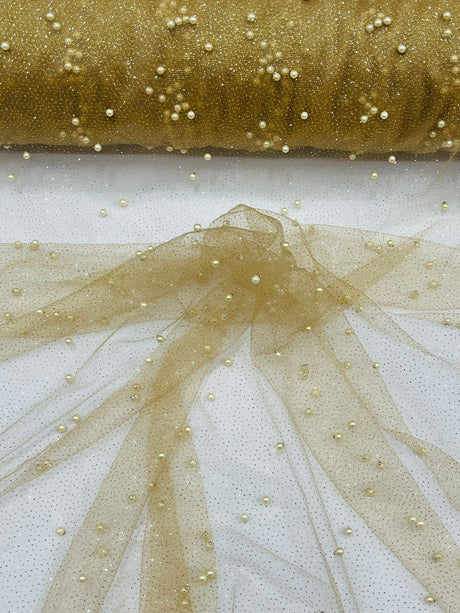 Pearl Glitter Studded Mesh Polyester Fabric - Pearl Studded Mesh, 58" Wide (1 Yard)