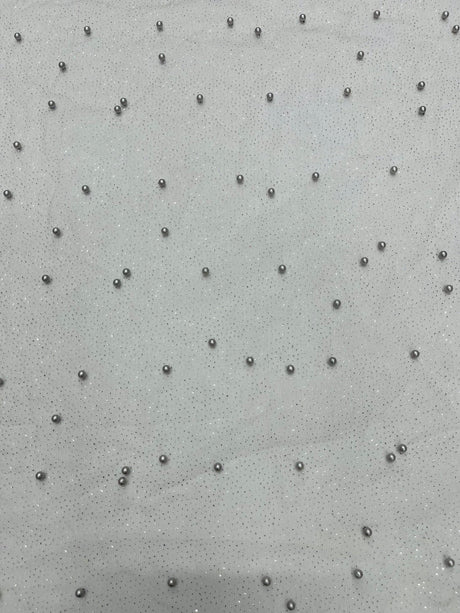 Pearl Glitter Studded Mesh Polyester Fabric - Pearl Studded Mesh, 58" Wide (1 Yard)
