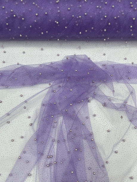 Pearl Glitter Studded Mesh Polyester Fabric - Pearl Studded Mesh, 58" Wide (1 Yard)