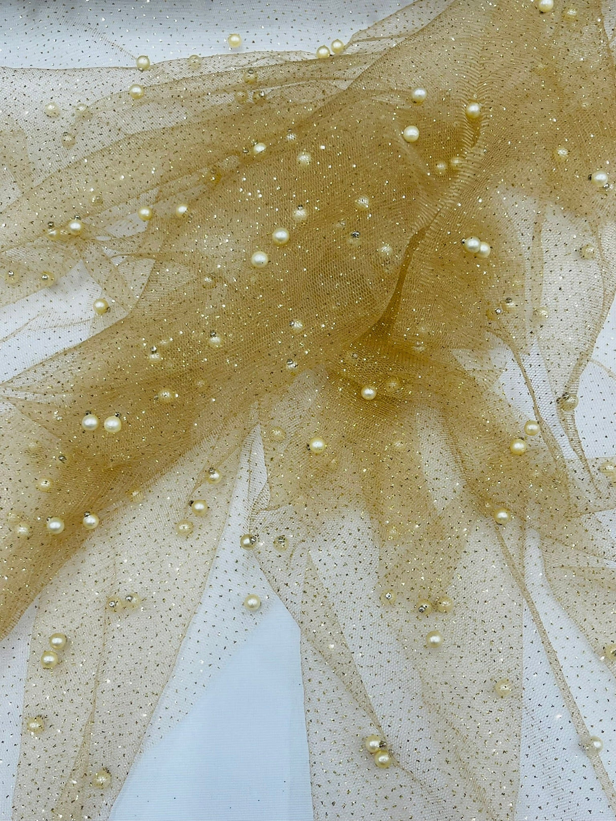 Pearl Glitter Studded Mesh Polyester Fabric - Pearl Studded Mesh, 58" Wide (1 Yard)