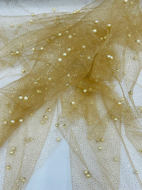 Pearl Glitter Studded Mesh Polyester Fabric - Pearl Studded Mesh, 58" Wide (1 Yard)