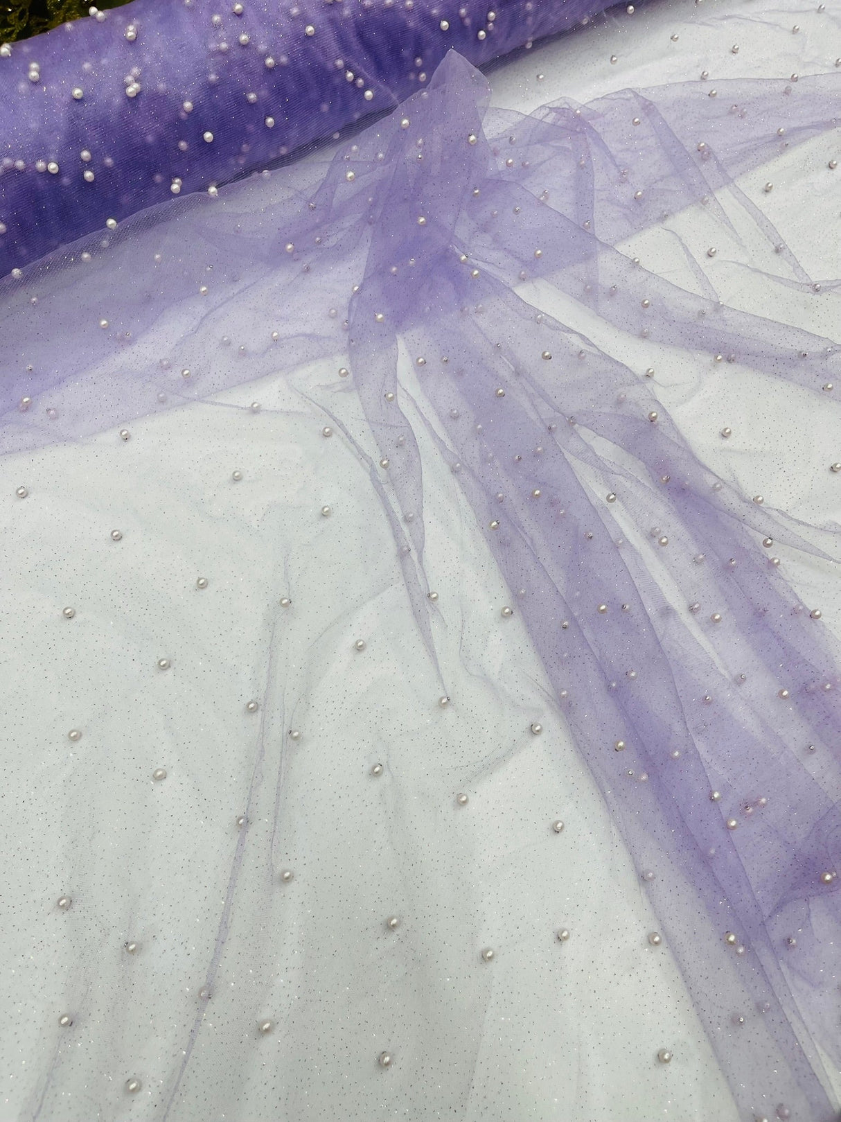 Pearl Glitter Studded Mesh Polyester Fabric - Pearl Studded Mesh, 58" Wide (1 Yard)