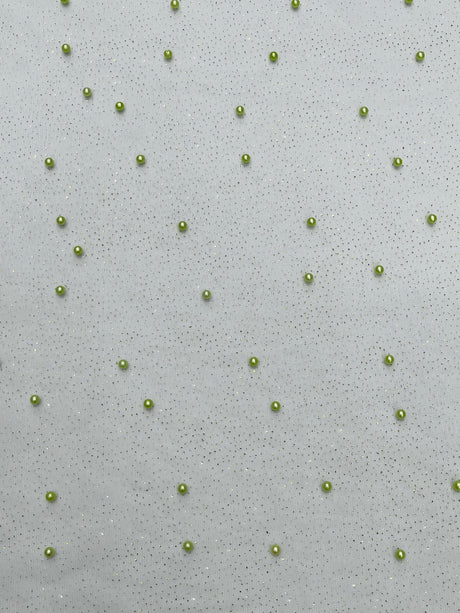 Pearl Glitter Studded Mesh Polyester Fabric - Pearl Studded Mesh, 58" Wide (1 Yard)