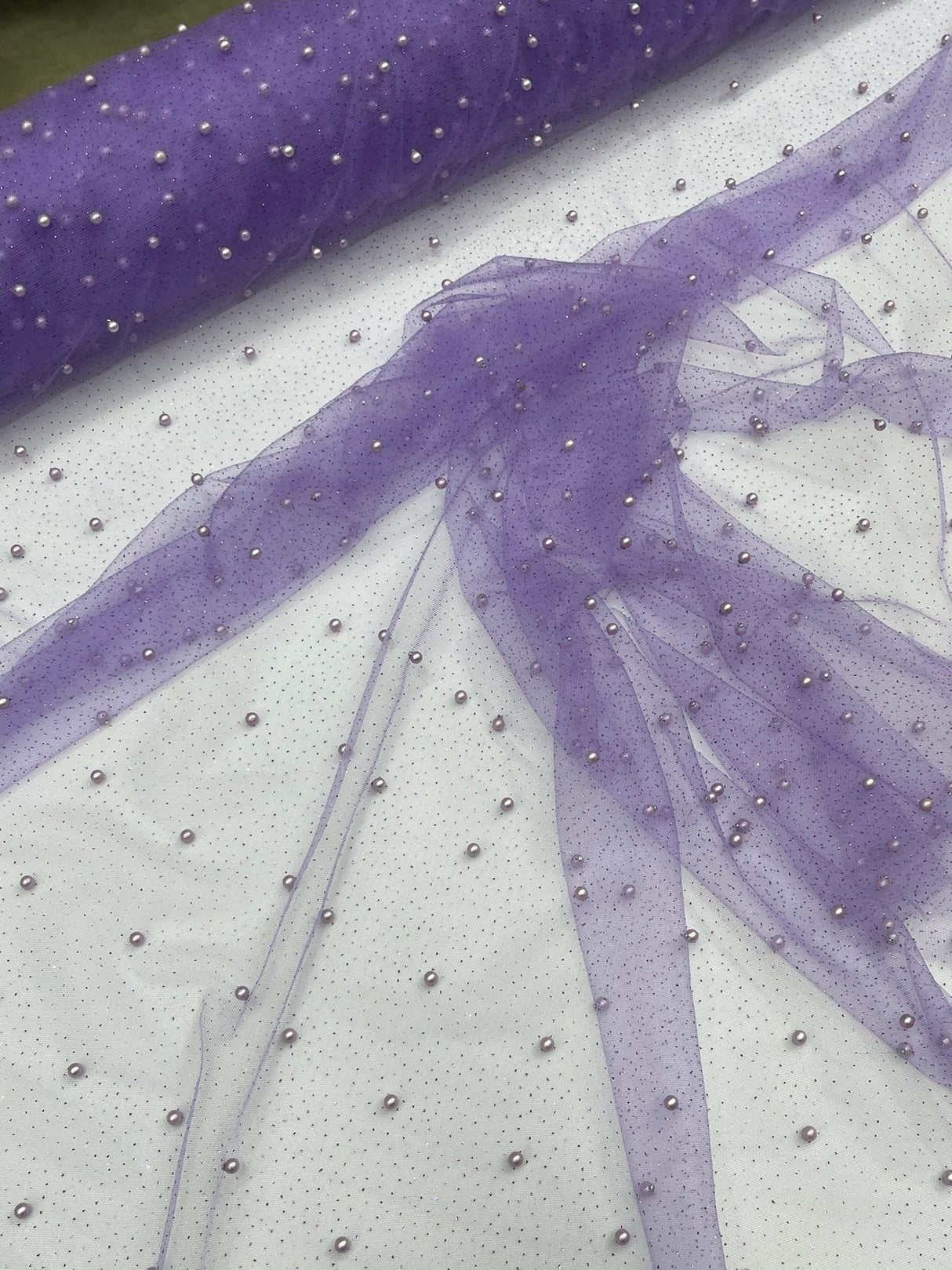 Pearl Glitter Studded Mesh Polyester Fabric - Pearl Studded Mesh, 58" Wide (1 Yard)