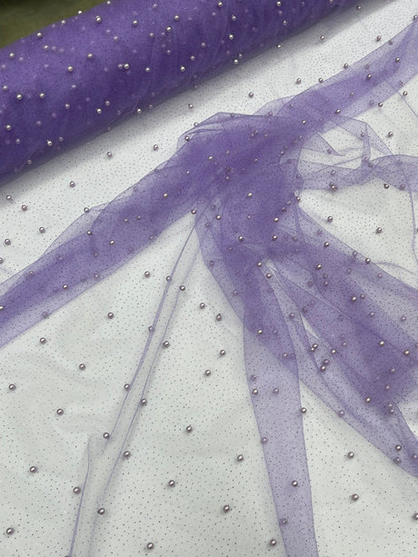 Pearl Glitter Studded Mesh Polyester Fabric - Pearl Studded Mesh, 58" Wide (1 Yard)
