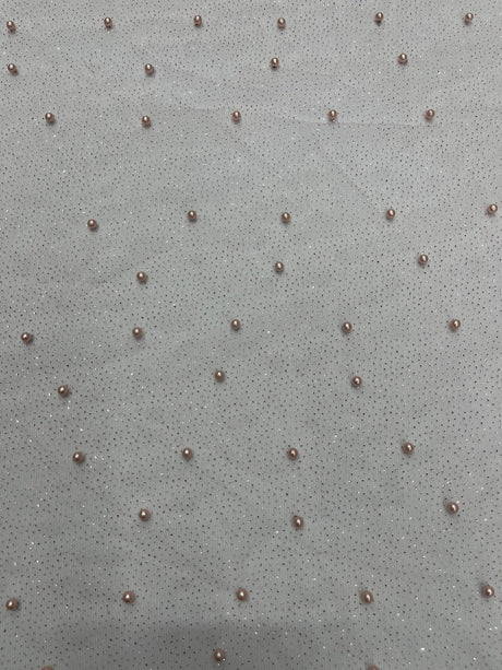 Pearl Glitter Studded Mesh Polyester Fabric - Pearl Studded Mesh, 58" Wide (1 Yard)