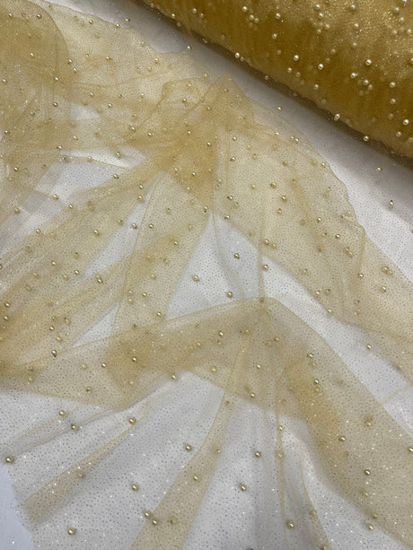 Pearl Glitter Studded Mesh Polyester Fabric - Pearl Studded Mesh, 58" Wide (1 Yard)