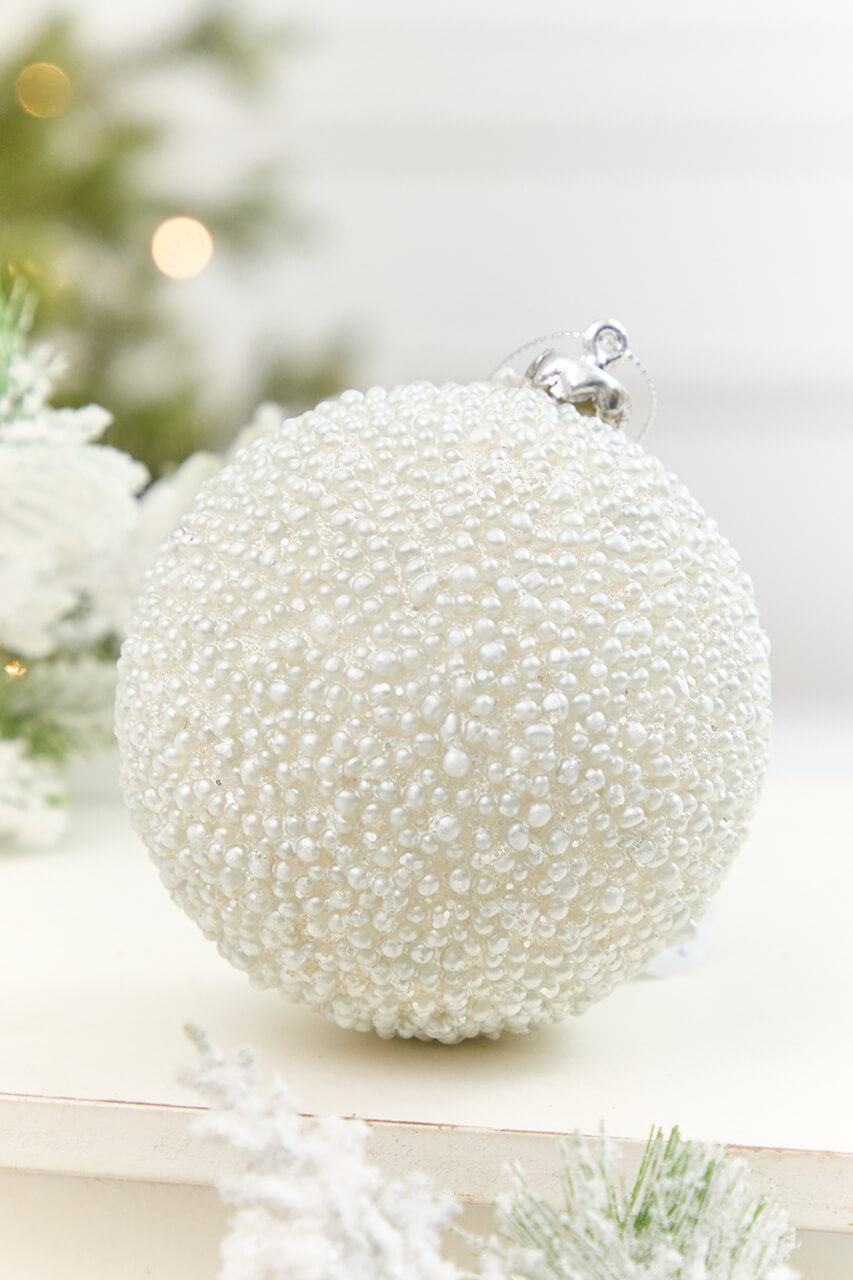 4" White Glitter Metallic Mini Bead Ball Ornament