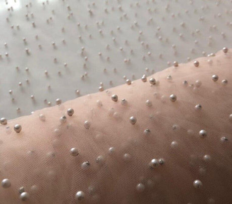 Very Soft Tulle With Pearls Polyester Fabric - Sheer Beaded Tulle, 52" Width (1 Yard)