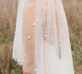 Very Soft Tulle With Pearls Polyester Fabric - Sheer Beaded Tulle, 52" Width (1 Yard)