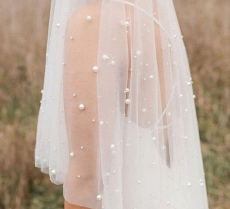 Very Soft Tulle With Pearls Polyester Fabric - Sheer Beaded Tulle, 52" Width (1 Yard)