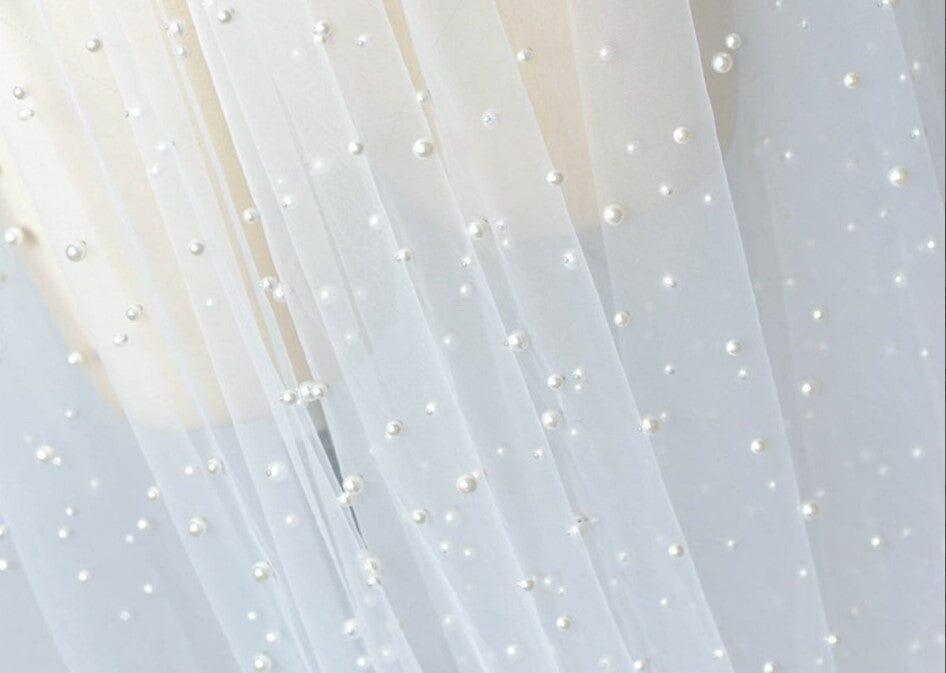 Very Soft Tulle With Pearls Polyester Fabric - Sheer Beaded Tulle, 52" Width (1 Yard)