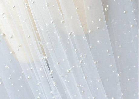 Very Soft Tulle With Pearls Polyester Fabric - Sheer Beaded Tulle, 52" Width (1 Yard)