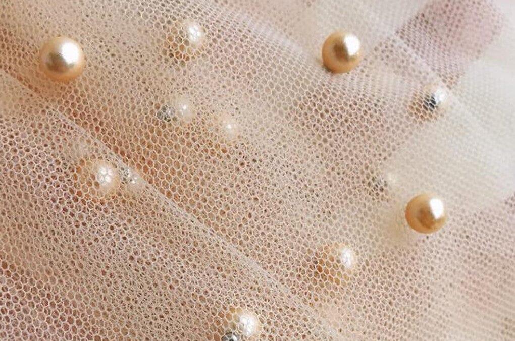 Very Soft Tulle With Pearls Polyester Fabric - Sheer Beaded Tulle, 52" Width (1 Yard)
