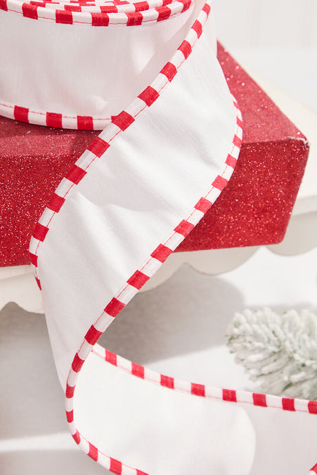 2.5" x 10 Yard White Dupioni with Red & White Piping Ribbon