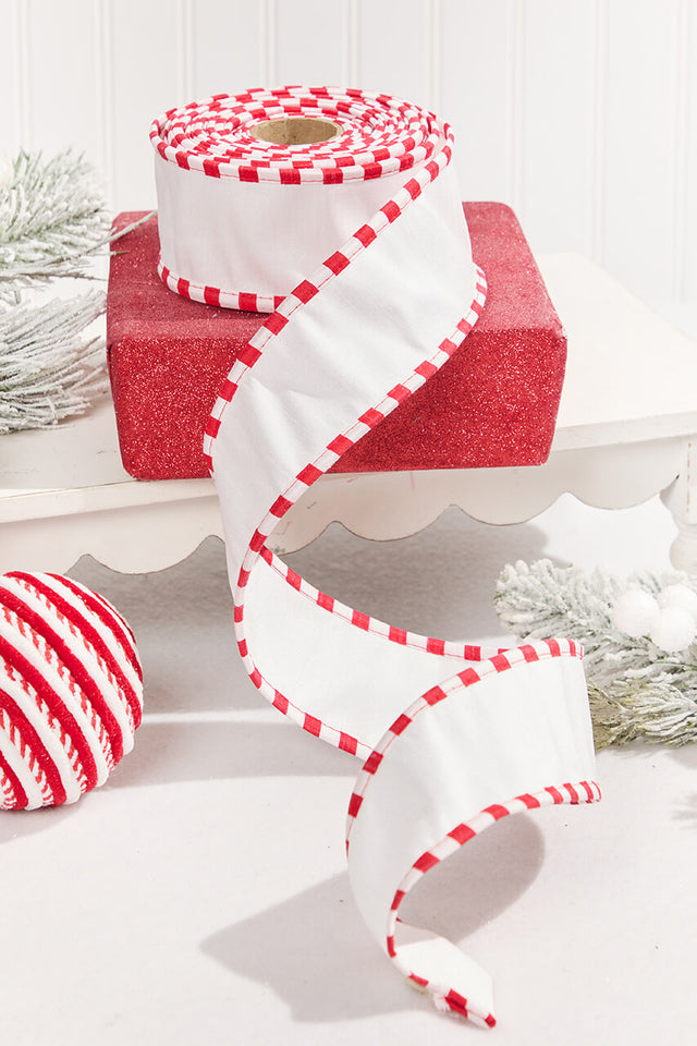 2.5" x 10 Yard White Dupioni with Red & White Piping Ribbon