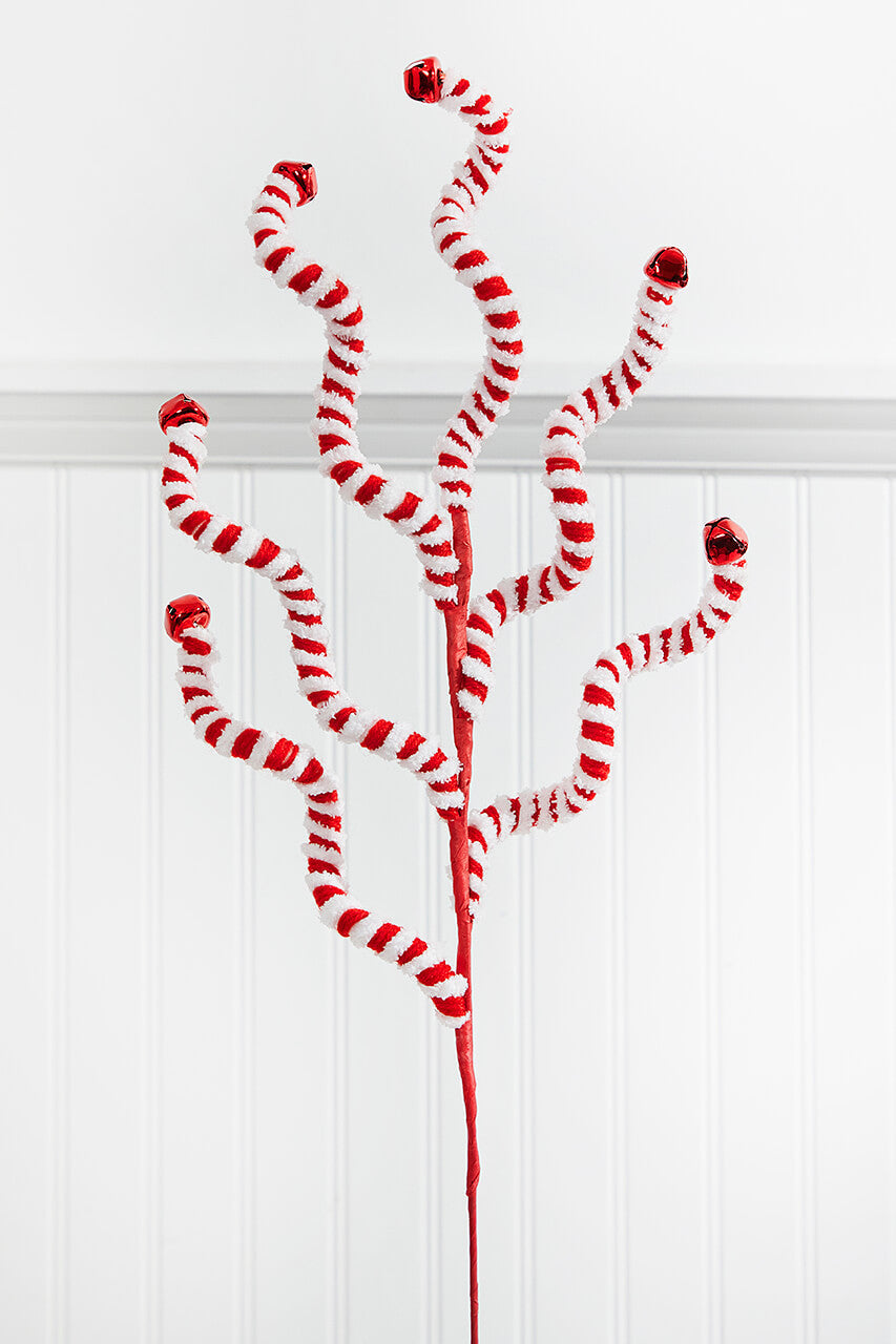 24 Inch Red and White Fabric Peppermint Stripe Jingle Bell Spray – Festive Holiday Cheer with Classic Candy Style