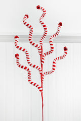 24 Inch Red and White Fabric Peppermint Stripe Jingle Bell Spray – Festive Holiday Cheer with Classic Candy Style