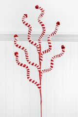 24" Red and White Fabric Peppermint Stripe Jingle Bell Spray