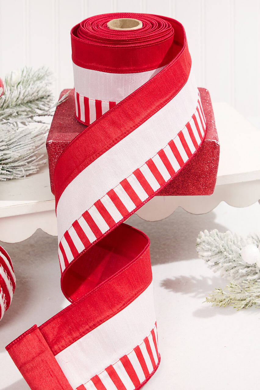 4 Inch x 10 Yard Peppermint Striped Wired Christmas Ribbon Classic Candy Cane Holiday Decor