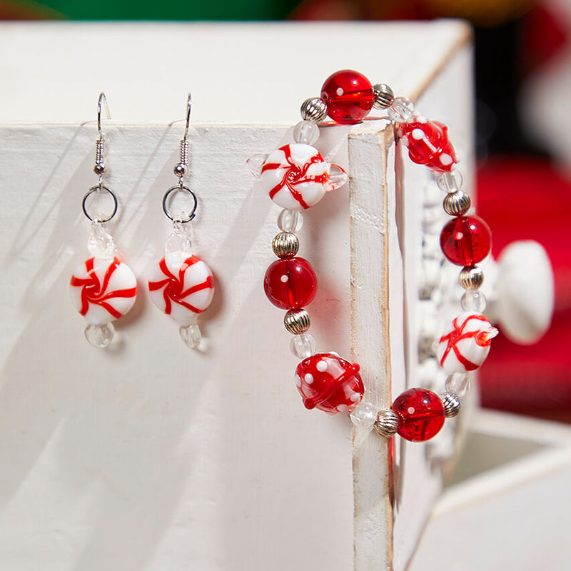 Peppermint Artglass Jewelry Set Handmade Christmas Festive Design