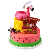 Tropical Party Cake Topper, 2-Piece Pool Party Cake Decoration Set, Includes Pink Flamingo Can Cooler and Tiki-Hut