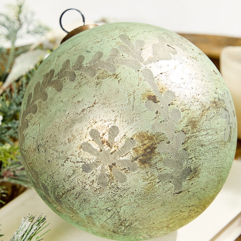 6" Spruce Antique Foil Glass Etched Ball Ornament