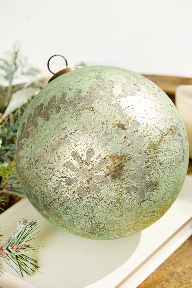 6" Spruce Antique Foil Glass Etched Ball Ornament
