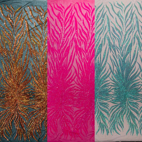 Phoenix Sequin Feather Polyester Fabric - Iridescent Flame Design, 54" Width (1 Yard)