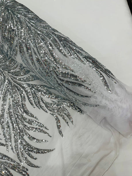 Phoenix Sequin Feather Polyester Fabric - Iridescent Flame Design, 54" Width (1 Yard)