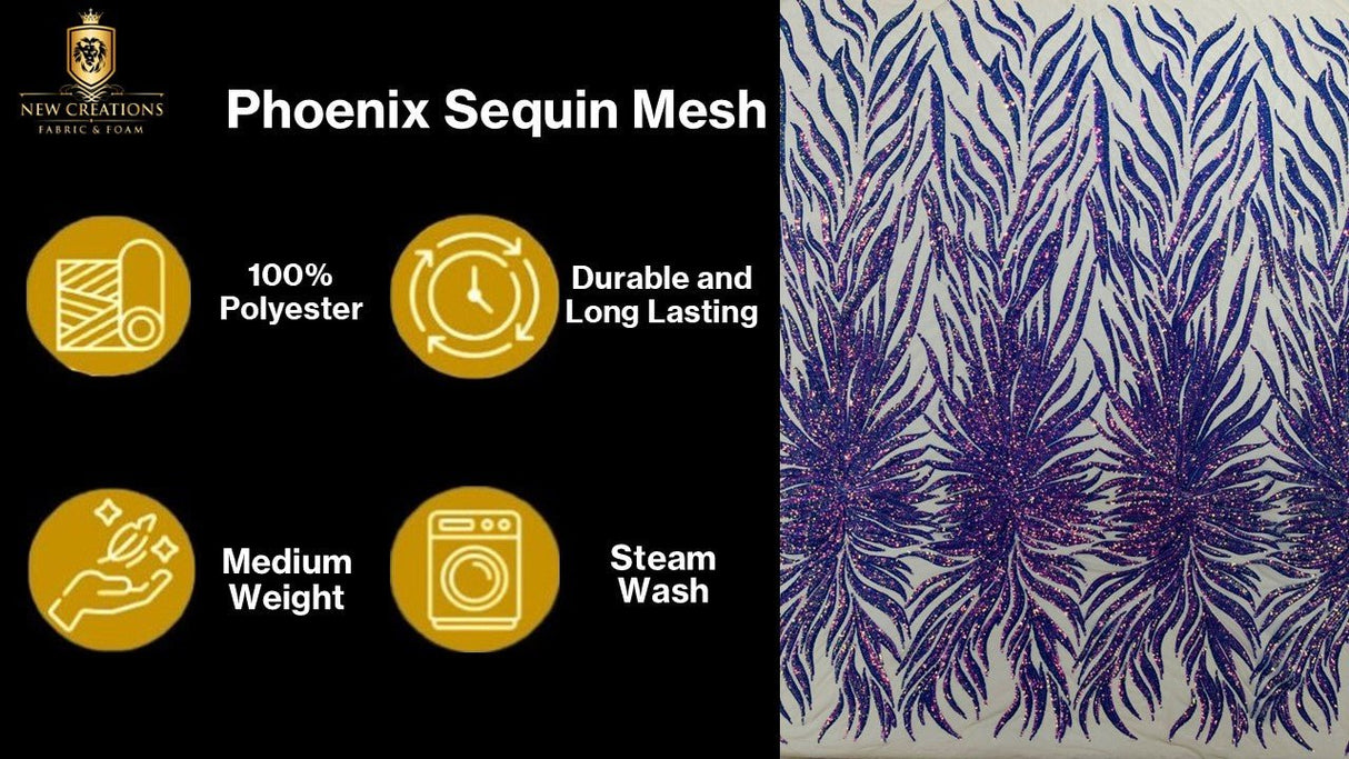Phoenix Sequin Feather Polyester Fabric - Iridescent Flame Design, 54" Width (1 Yard)