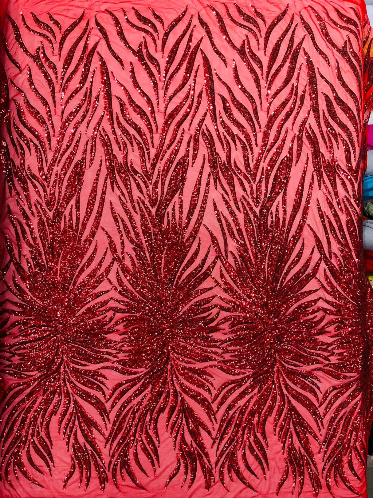 Phoenix Sequin Feather Polyester Fabric - Iridescent Flame Design, 54" Width (1 Yard)