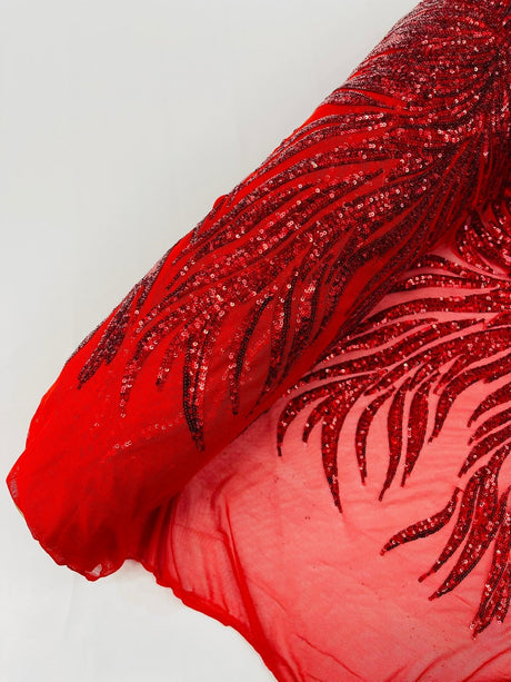 Phoenix Sequin Feather Polyester Fabric - Iridescent Flame Design, 54" Width (1 Yard)
