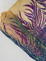 Phoenix Sequin Feather Polyester Fabric - Iridescent Flame Design, 54" Width (1 Yard)
