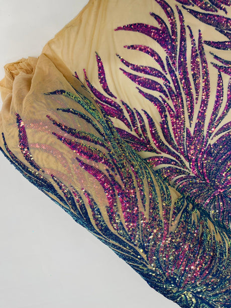 Phoenix Sequin Feather Polyester Fabric - Iridescent Flame Design, 54" Width (1 Yard)