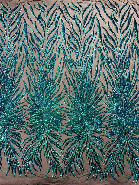 Phoenix Sequin Feather Polyester Fabric - Iridescent Flame Design, 54" Width (1 Yard)