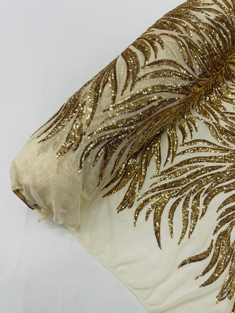 Phoenix Sequin Feather Polyester Fabric - Iridescent Flame Design, 54" Width (1 Yard)