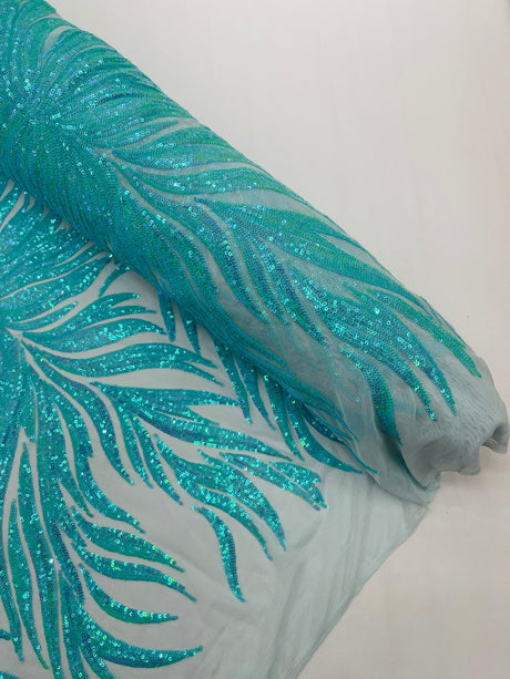Phoenix Sequin Feather Polyester Fabric - Iridescent Flame Design, 54" Width (1 Yard)